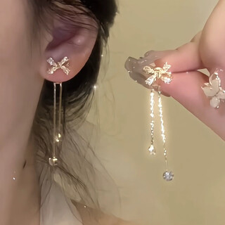 Nsyca old phoenix sterling silver 9999 earrings thousand gold bow tassel long silver niche earrings ins style earrings silver needle gold plated sterling silver earrings a pair of lao fengxiang