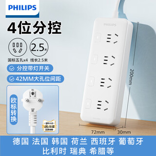 Philips (philips) european standard conversion plug korean european to national standard plug row russian german standard german row socket poland spain france bali travel 4-digit sub-control 2.5 meters