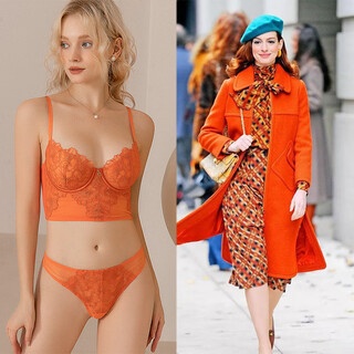 Victoria french sexy bra, lace ultra-thin bra set, anti-sagging, sponge-free bra, large breasts showing small underwear set, orange 70c/32