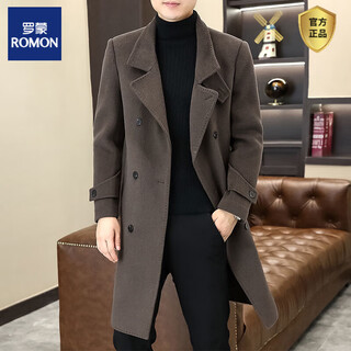 Romon шерстяное пальто мужское осенне-зимнее в корейском стиле облегающее шерстяное пальто средней длины модное двубортное пальто коричневого цвета 4xl 180-200