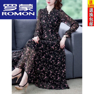 Romon dress women's silk skirt new 25 spring and summer floral large size age-reducing mulberry silk dress for women black long/sleeve 2xl recommended 120--135 jin jin equals 0.5 kg