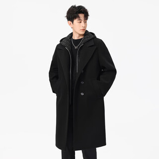 Lofvrang autumn and winter thickened warm fake two-piece woolen coat men's casual large size loose long knee-length hooded windbreaker jacket black hat thickened xl suitable for 150 to 170 jin jin equals 0.5 kg