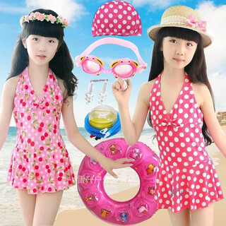 Mianyue children's swimsuit 6-12 years old girls' one-piece skirt swimwear boxer briefs for big kids baby swimwear princess cherry pink + swimming goggles + swimming cap + nose clip earplugs 100 size 12 recommended 100-115cm