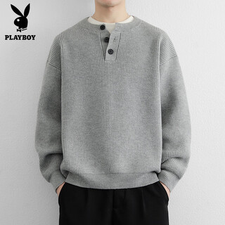 Playboy (playboy) henry collar fashion simple knitted sweater men's lazy style boys sweater 2025 new autumn and winter trend light gray m recommended 100-120 jin jin equals 0.5 kg