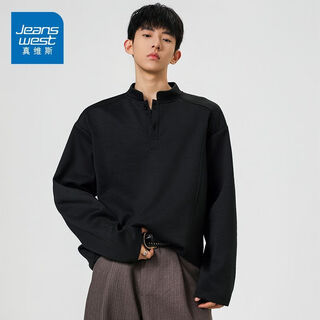 Jeanswest 2025 men's henley collar long sleeve sweatshirt autumn new american fashion brand stand collar versatile loose casual top black m