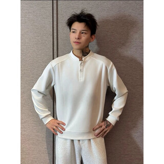 7 excellent products deconstructed shoulder sweatshirt men's autumn and winter american henry collar polo shirt heavy loose jacket top men lhfs-cx8 white m