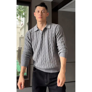 Muwei old money style henry shoulder sweater men's autumn new retro polo collar cable knit bottoming top shirt gray xl recommended 130-150jin jin equals 0.5 kg
