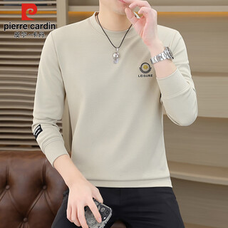 Pierre cardin round neck sweatshirt men's spring, autumn and winter trendy casual long-sleeved t-shirt high-end bottoming shirt men's beige xl