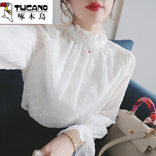 Woodpecker white chiffon shirt women's spring and autumn 2025 new style high collar top plus velvet thickened lace bottoming shirt white (with lining) 4xl 155-170jin jin equals 0.5 kg