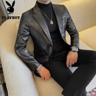 Playboy (playboy) handsome style leather suit jacket men's spring and autumn new fashion trendy slim and handsome suit jacket black m (90-110jin jin equals 0.5 kg)
