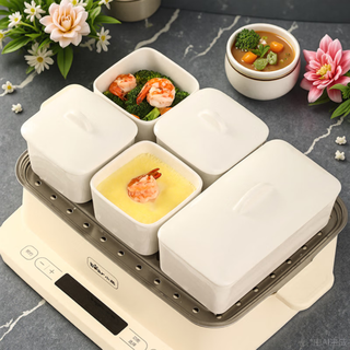 Muziqiu food-grade small steaming bowl with lid, ceramic water-proof stew pot, soup cup, steaming pot, stew pot, steamed egg cup, soup pot, steaming rice bowl with ceramic lid - large set, positive*4+long*1