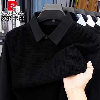 Pierre cardin light luxury autumn and winter pure cotton men's long-sleeved shirt collar sweater with warm fake two-piece sweater, black 4xl