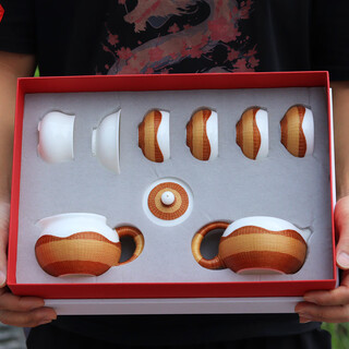 Sichuan province intangible cultural heritage handmade porcelain bamboo tea set bamboo thread buckle porcelain xishi pot silk bamboo cup conference gift for customers two-color mutton fat jade porcelain bamboo tea set eight-piece set