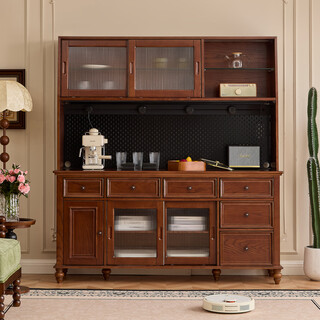 Yaoqu american retro all-solid wood sideboard small apartment wall-mounted multi-functional storage cabinet home living room wine cabinet storage cabinet 1.2 meters upper and lower combination cabinet walnut color