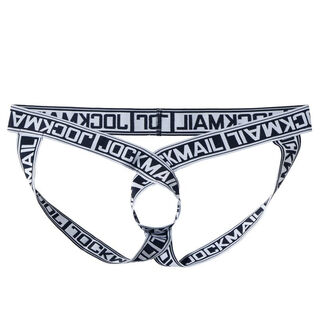 Men's nylon thread hollow ring hip-lifting double thongs with letters, trendy men's low-waist fashion elastic thongs, white letter belt, one size fits all