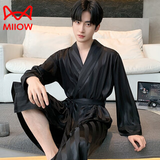 Miiow men's nightgown summer ice thin feeling mid-length bathrobe pajamas long sleeve large size black dressing robe home clothing black wide men's style-qingguo nightgown l (150-170jin jin equals 0.5kg)