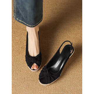 Belle step 7.5cm french genuine leather bow fish mouth sandals women 2025 summer thick sole wedge straw black 35