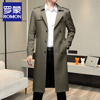 Romon extra long over the knee spring and autumn versatile windbreaker men's mid-length trendy 2025 autumn and winter new coat double-breasted coat 2168-135 khaki over the knee l 120-140 jin jin equals 0.5 kg