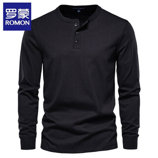 Romon long-sleeved t-shirt for men, pure cotton, heavyweight army green henley shirt, american autumn and winter round neck open collar top for men, black m (weight recommended 130-145jin jin equals 0.5kg)