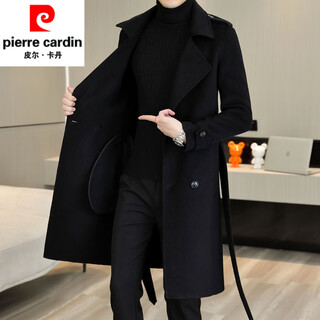 Pierre cardin woolen coat men's mid-length handsome belt slim cashmere woolen coat wool double-sided woolen windbreaker black. m 170 recommended 90-110jin jin equals 0.5 kg