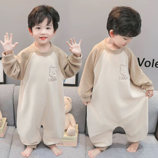 Autumn and winter german velvet one-piece pajamas for boys, sleeping bags, warm home clothes, children's anti-kick quilt pajamas for little girls, khaki german velvet, small pattern 90cm _ 80-90cm