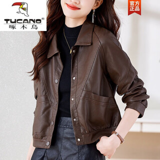 Woodpecker (tucano) high-end haining genuine leather jacket for women spring and autumn 2025 new casual short pu tire sheepskin jacket suit top khaki s recommended 80-105jin jin equals about 0.5 kg