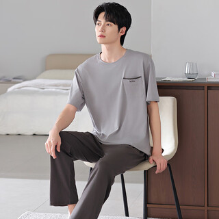 
MONTAGUT Dad Pajamas Men's Summer Thin Short Sleeve Shorts Modal Cotton Silk Home Summer Plus Fat Plus Size Set A4839 L Recommended 120-140Jin [Jin equals 0.5 kg]