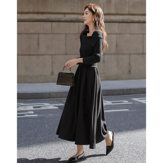 Demana four seasons warm view autumn urban retro french square neck elastic waist wrinkled a-line dress for small women