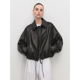 Msbeast miss beast imported double version sheepskin lo*we style lapel drawstring short leather jacket丨balloon jacket classic black m