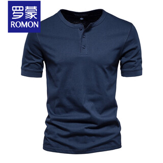 Romon round neck t-shirt men's henley shirt short-sleeved army green heavyweight american slim retro bottoming shirt small white t half-sleeved t-shirt navy blue m (weight 130-145jin jin equals 0.5 kg)