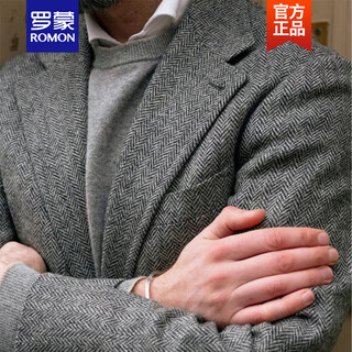 Romon british retro wool herringbone suit jacket autumn and winter khaki men's casual tweed wool suit gray herringbone single suit m height 170/weight 125