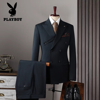 Playboy (playboy) 2025 new double-breasted suit men's suit business formal suit british slim high-end dark green wedding dress dark dark green (suit + trousers + vest) 2xl 54