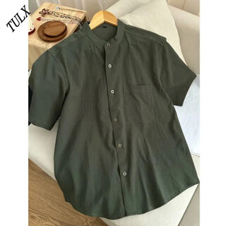 Tulx new chinese pattern short-sleeved shirt men's summer regular retro half-sleeved henry shirt work jacket military green l