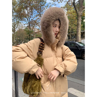 Lu qingyi original ode to champs elysees 90 white duck down down jacket women's winter fox fur collar thickened mid-length jacket khaki yellow s