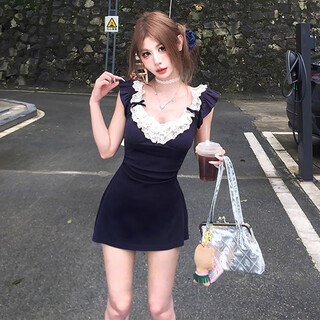Miao yijia hip skirt dress pure desire skirt women summer 2025 new women's hot girl sexy slim little short skirt lace splicing bow dress m recommendation 100jin jin is equal to 0.5kg within
