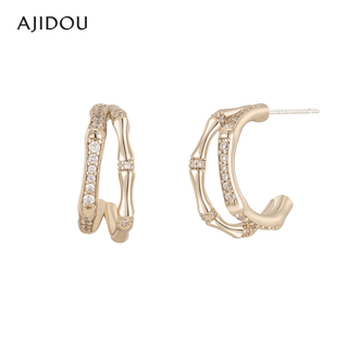 Ajidou ajidou earrings, the same style in offline malls, bamboo wishes series, fashionable double-layered bamboo zircon earrings, versatile