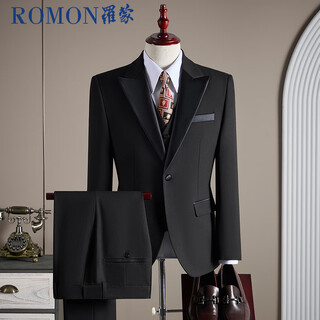 Romon suit + vest + trousers suit suit men's professional formal wedding dress wool jacket black xl