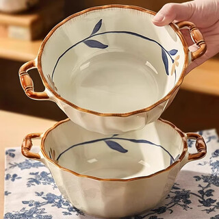 Persson japanese double-ear soup bowl household 2025 new 10-inch large ceramic soup basin instant noodle bowl noodle bowl large bowl 10-inch double-ear bamboo handle soup bowl + large spoon