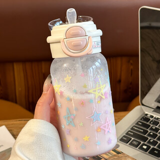 Qinkai's new simple water cup for girls, good-looking students, portable large-capacity plastic straw cup, summer double drinking cup, star cup white powder 500ml single cup