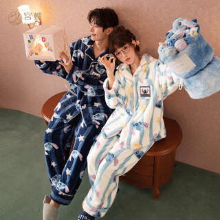 Gongdie thermal storage disney stitch coral velvet couple pajamas women's thickened men's cartoon home clothes
