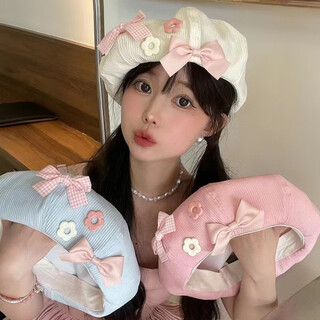 Hetong fashionable versatile beret women's cute personalized bow painter hat retro showing face street photo concave shape hat pink one size