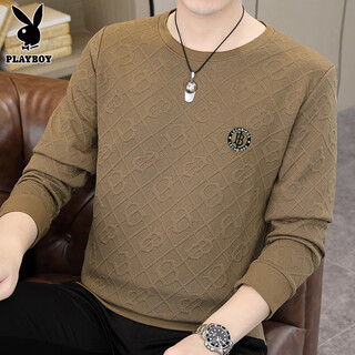 Playboy high-end jacquard men's velvet thickened long-sleeved t-shirt trendy winter t-shirt bottoming shirt sweatshirt autumn top high-end jacquard spring and autumn 502 khaki l 120-140jin jin equals 0.5 kg