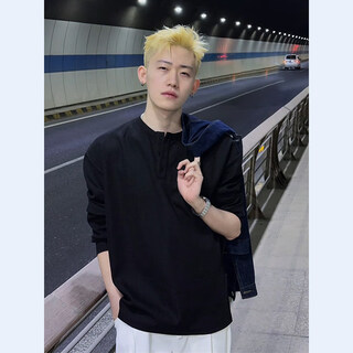 Du xiaoxian cleanfit black henry collar long-sleeved t-shirt men's spring and autumn american sweatshirt high-end inner layering shirt black xl recommended 120-140jin jin equals 0.5 kg