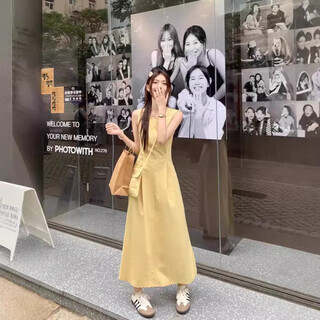 Mu qingqing yellow dress women's summer round neck waist slimming a-line vest 2025 yellow m m
