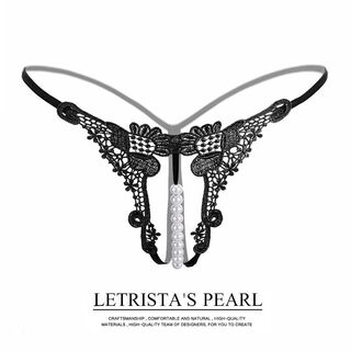 Sexy sexy underwear, open crotch, no need to take off, women's thong, bed temptation, pearl massage, convenient, passion t-pants, large size, hollow pearl black