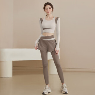 Youyou 2025 new autumn and winter suit women's yoga suit sports tight pilates training long-sleeved top running coffee top + brown fake two-piece yoga pants m (recommended 100-115 jin jin equals 0.5 kg)
