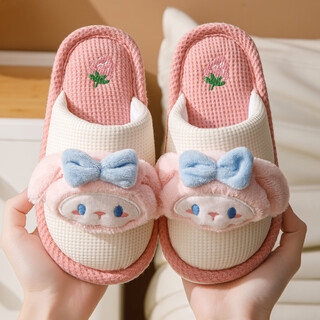 Robot pig 2025 new children's cotton and linen slippers for girls and baby cute autumn and winter large children's home little girls cloth slippers beige size 26-27 inner length of shoe 17cm