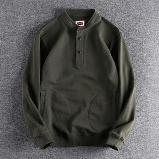 Kuraishi kazuki kuraishi kazuki trendy brand japanese retro henley collar sweatshirt men's autumn and winter loose cotton henley long-sleeved t-shirt army green 2xl 145-160jin jin equals 0.5 kg