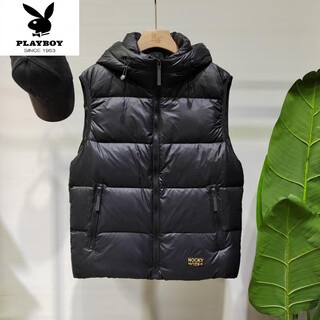 Playboy (playboy) black gold down vest thickened high fluffy white duck down vest hooded vest 2025 winter down jacket men's jacket black xl weight 115-130jin jin equals 0.5 kg