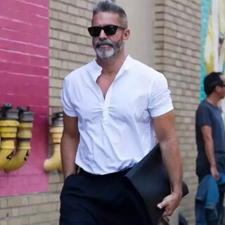 Notitle men's celebrity street style trendy summer new european and american retro small stand-up collar short-sleeved shirt henry collar half-sleeved shirt white c627 s